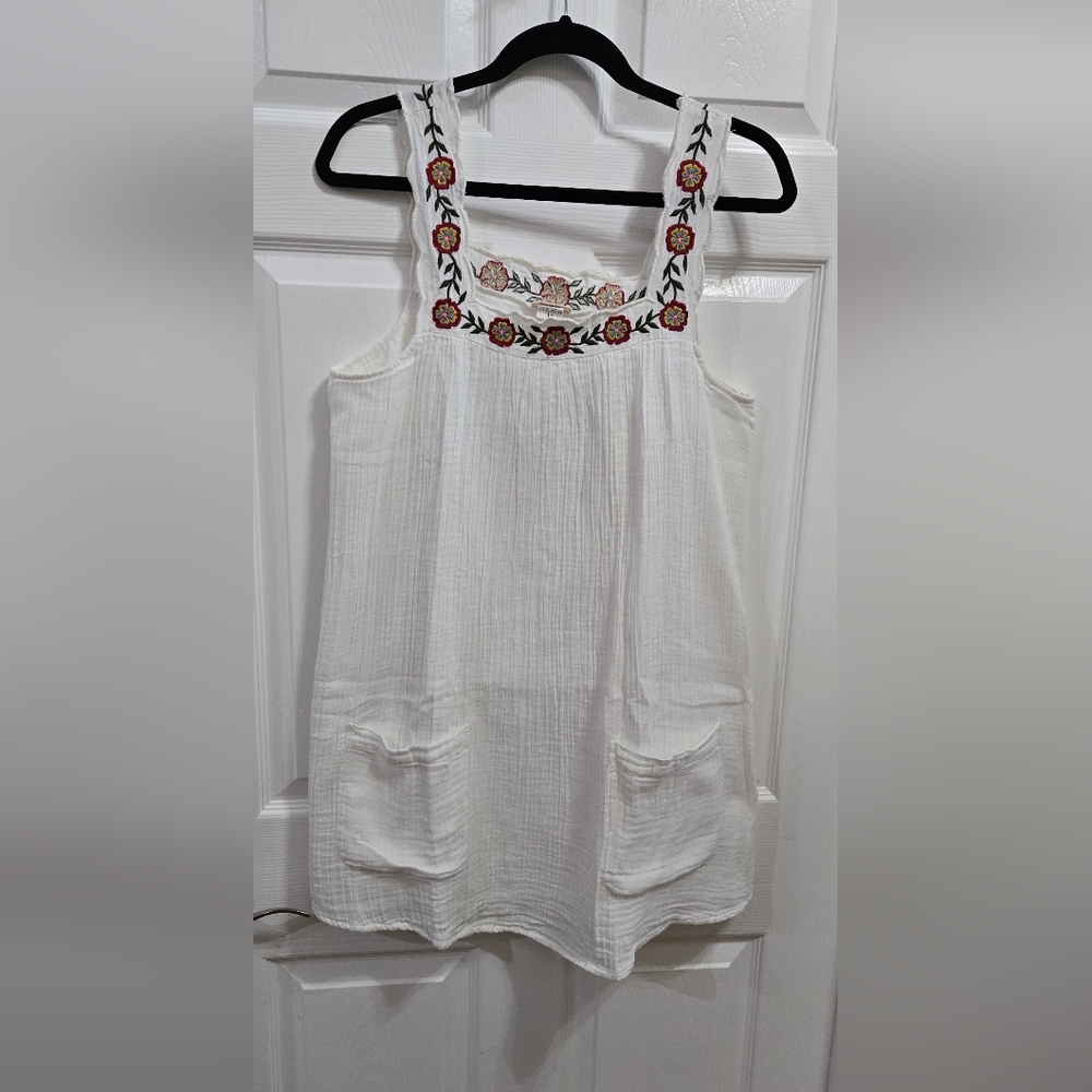NATURAL LIFE White GAUZE Sleeveless Mini Dress with Floral Embroidery Size L